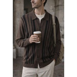 Christian Lacroix XL Espresso Brown Striped Knit Polo Cardigan NWT Old Money